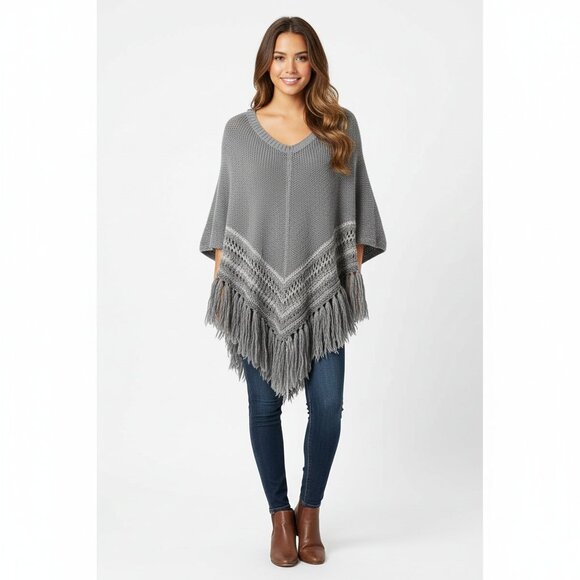 American Eagle Outfitters Women Gray Wool Blend Knit Fringed Poncho Sweater L/XL - Picture 1 of 8